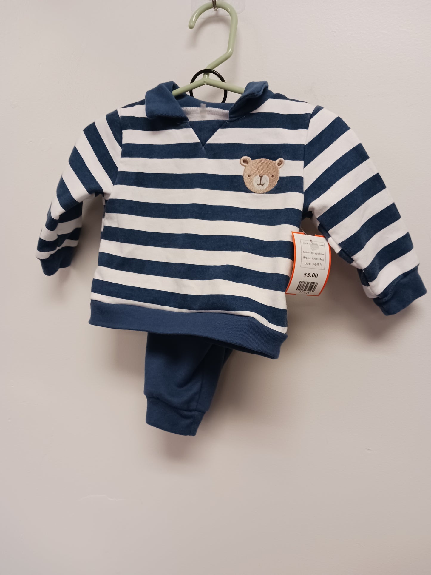 blue/white Chick Pea 2 Piece Teddy Bear Outfit, 3-6M B