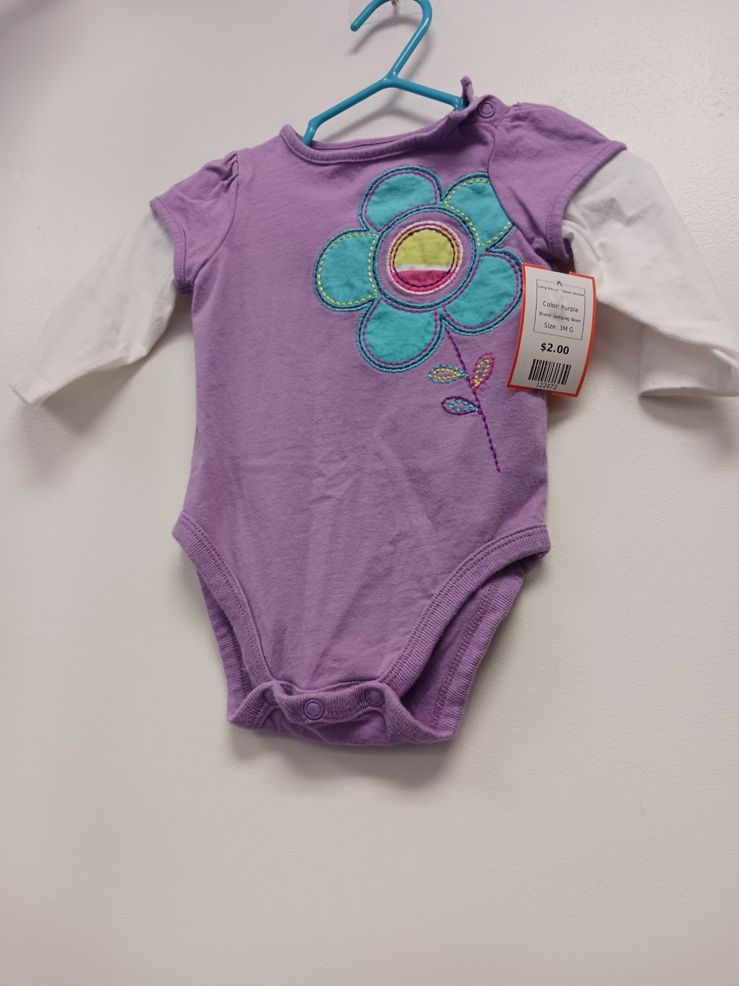 Purple Jumping Bean Long Sleeve Flower Onesie, 3M G