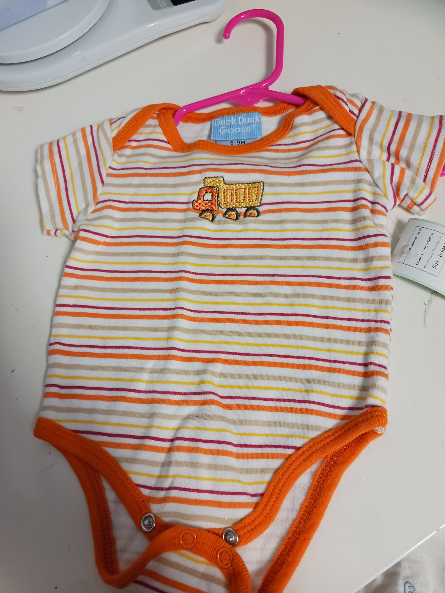 Orange/Yellow Duck Duck Goose Dump Truck Striped Onesie, 6-9M B