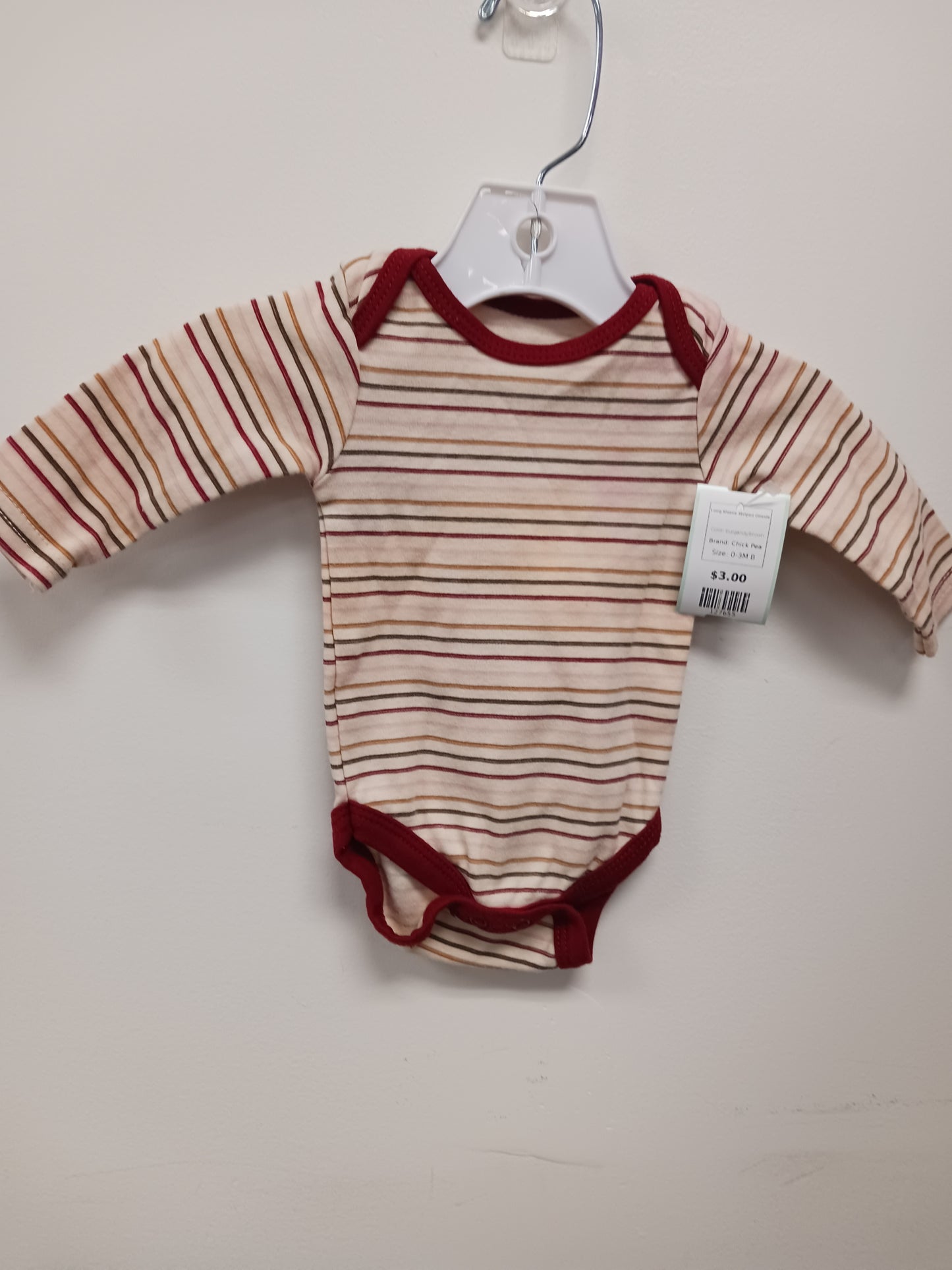 burgandy/brown Chick Pea Long Sleeve Striped Onesie, 0-3M B