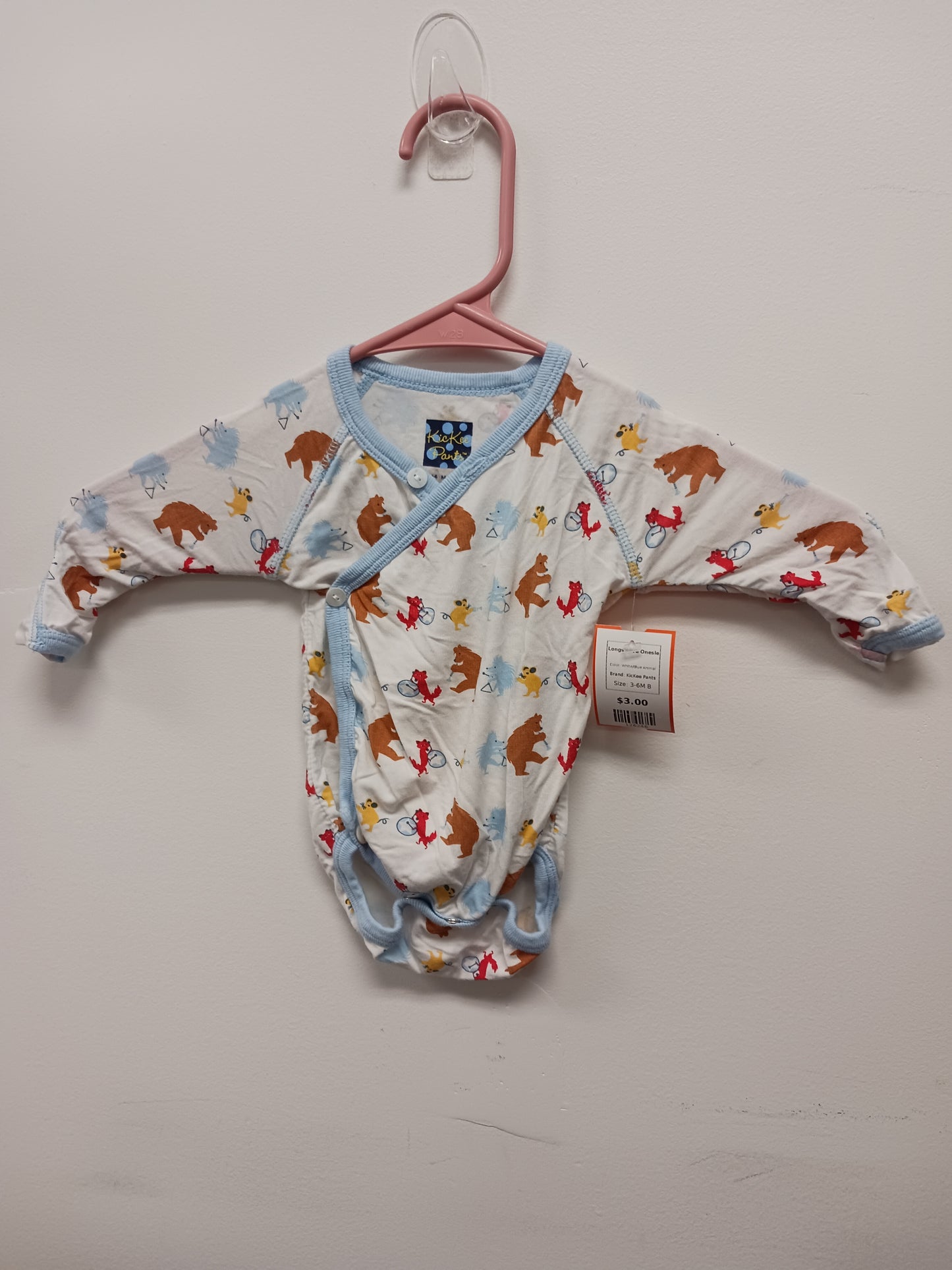 White/Blue Animal KicKee Pants Longsleeve Onesie, 3-6M B
