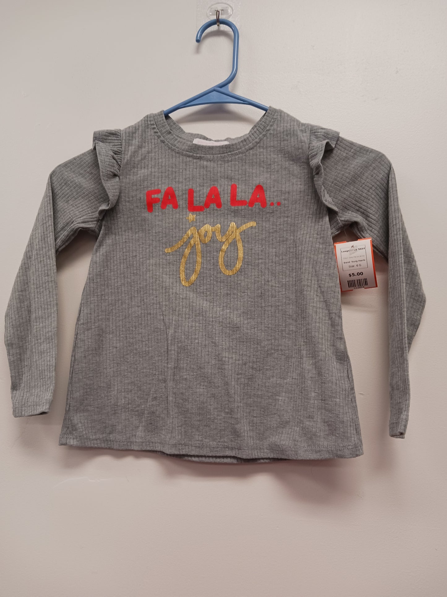 Grey Fa La La Joy Young Hearts Longsleeve Shirt, 6 G