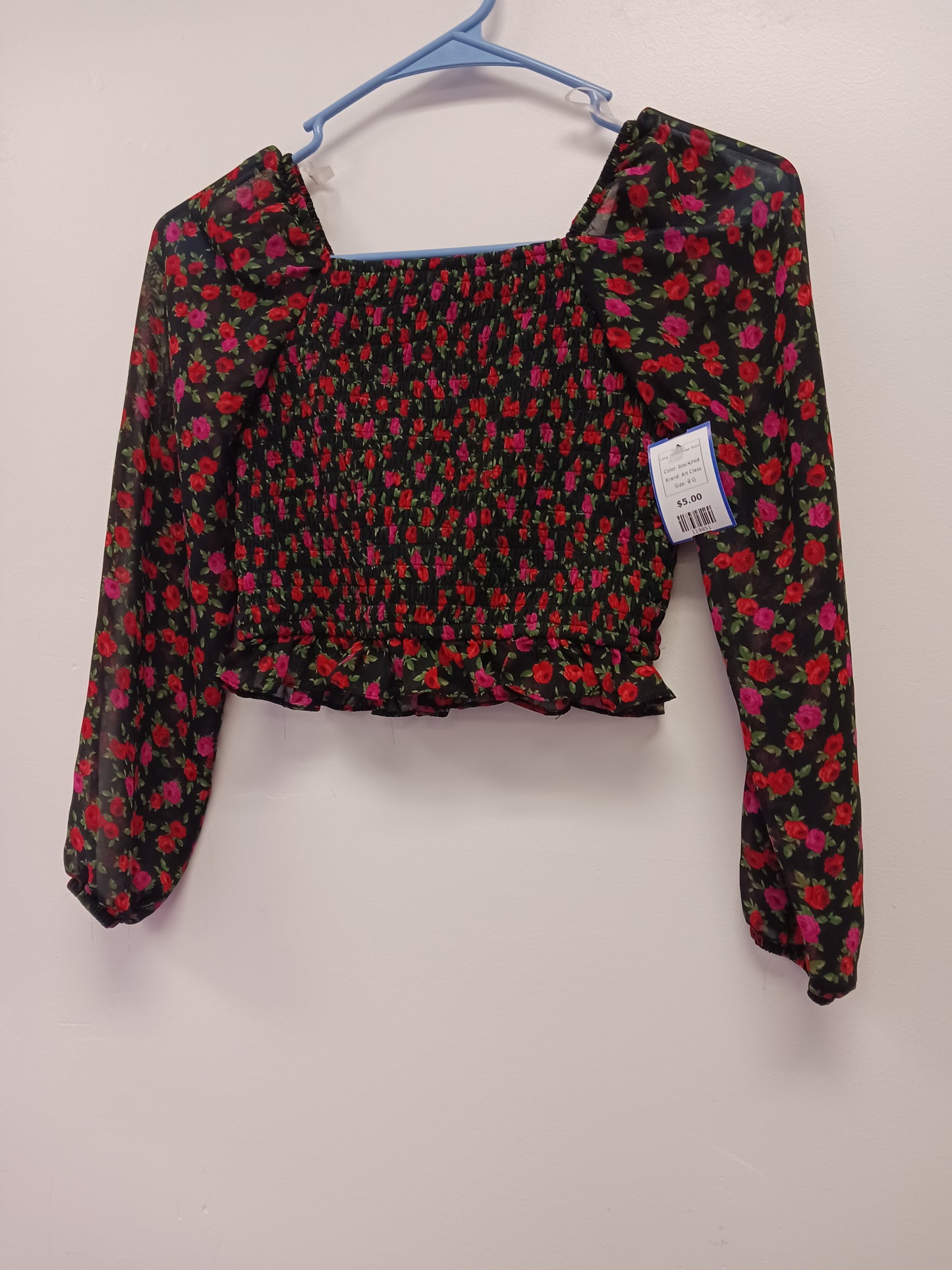 black/red Art Class Long Sleeve Rose Shirt, 8 G
