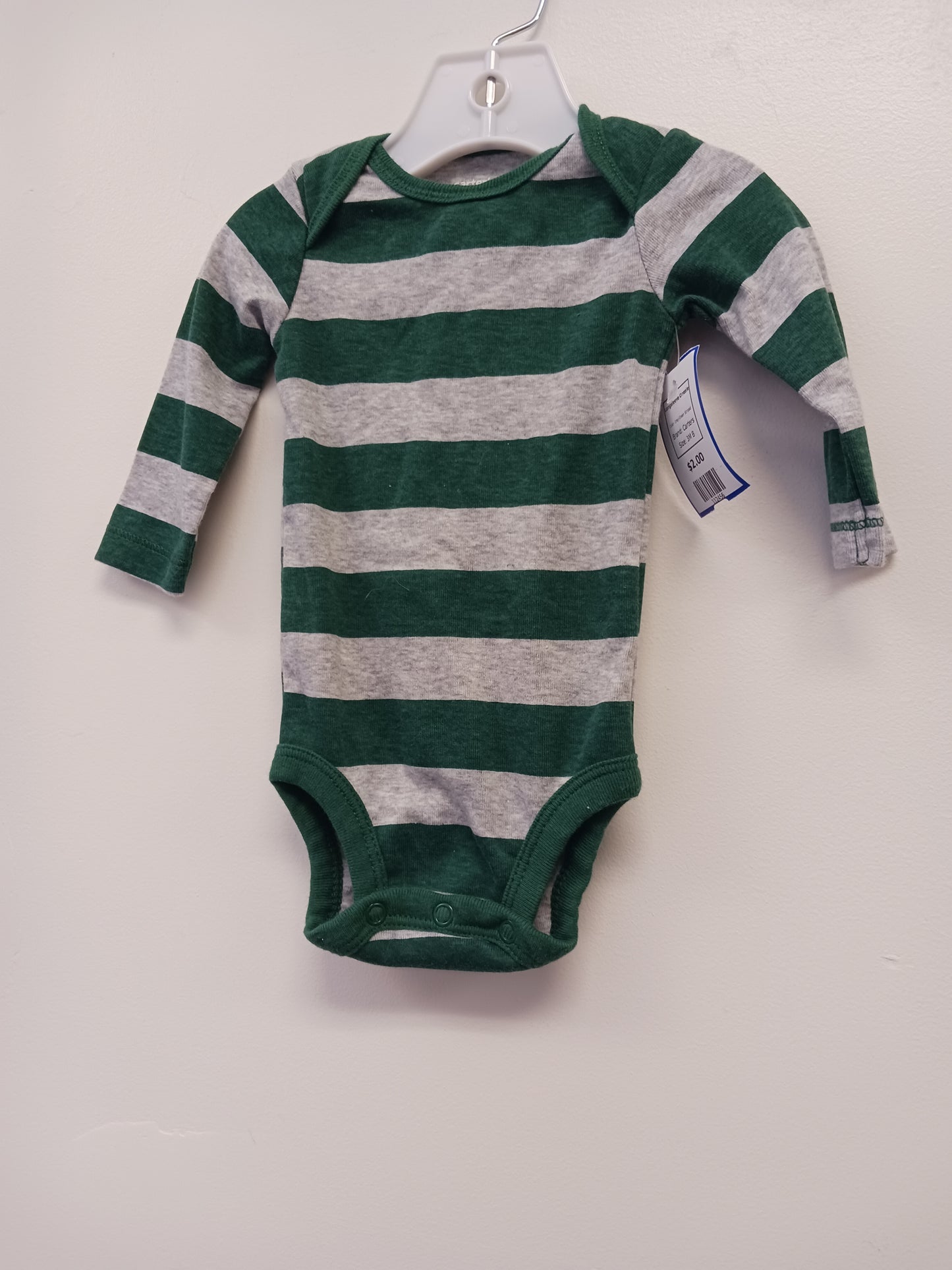 Grey/Green Striped Carters Longsleeve Onesie, 3M B
