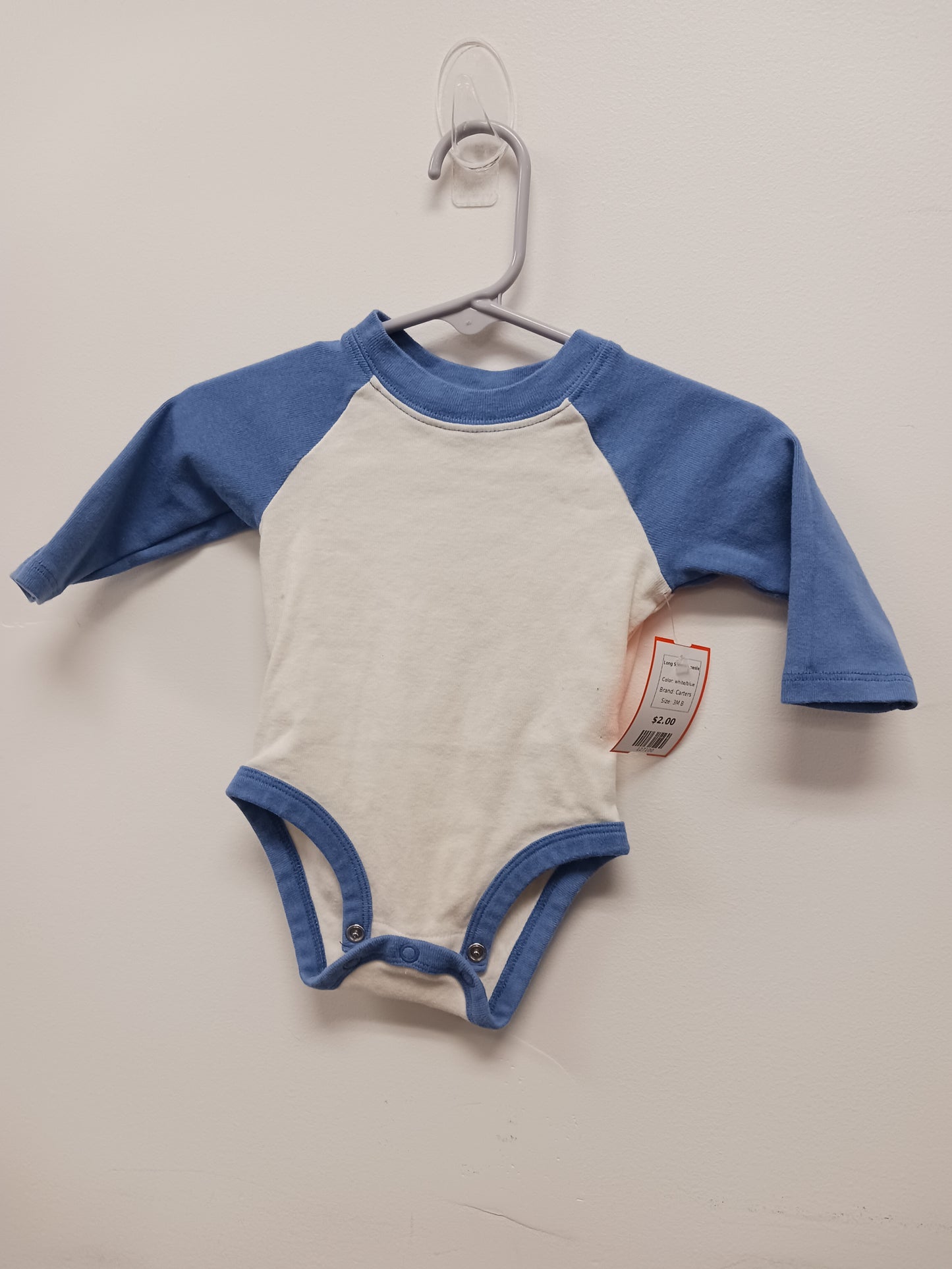 white/blue Carters Long Sleeve Onesie, 3M B