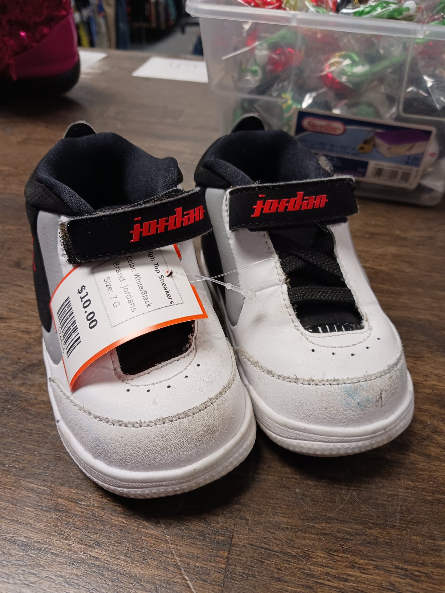 White/Black Jordans High Top Sneakers, 7 G