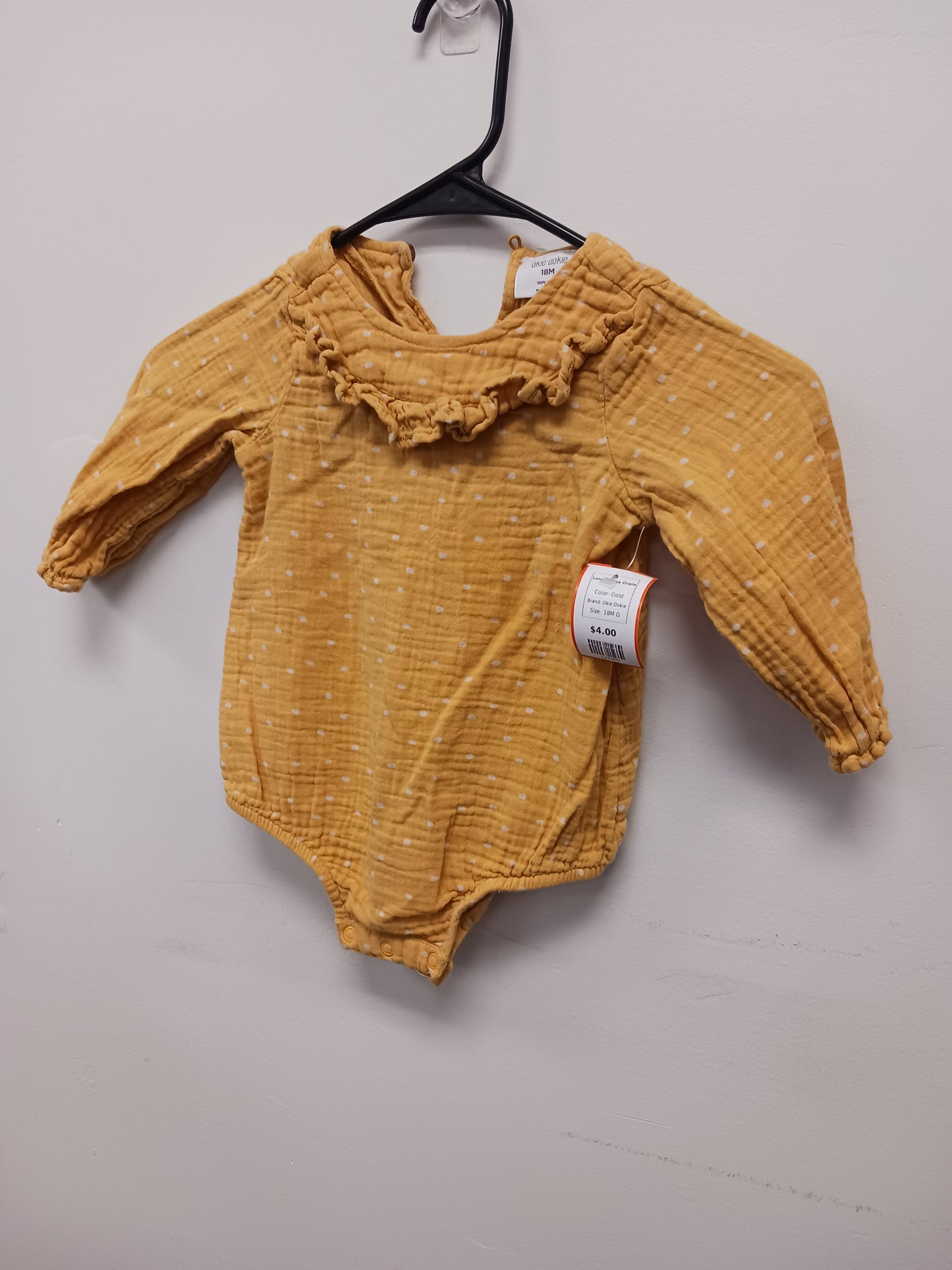Gold Okie Dokie Long Sleeve Oneie, 18M G