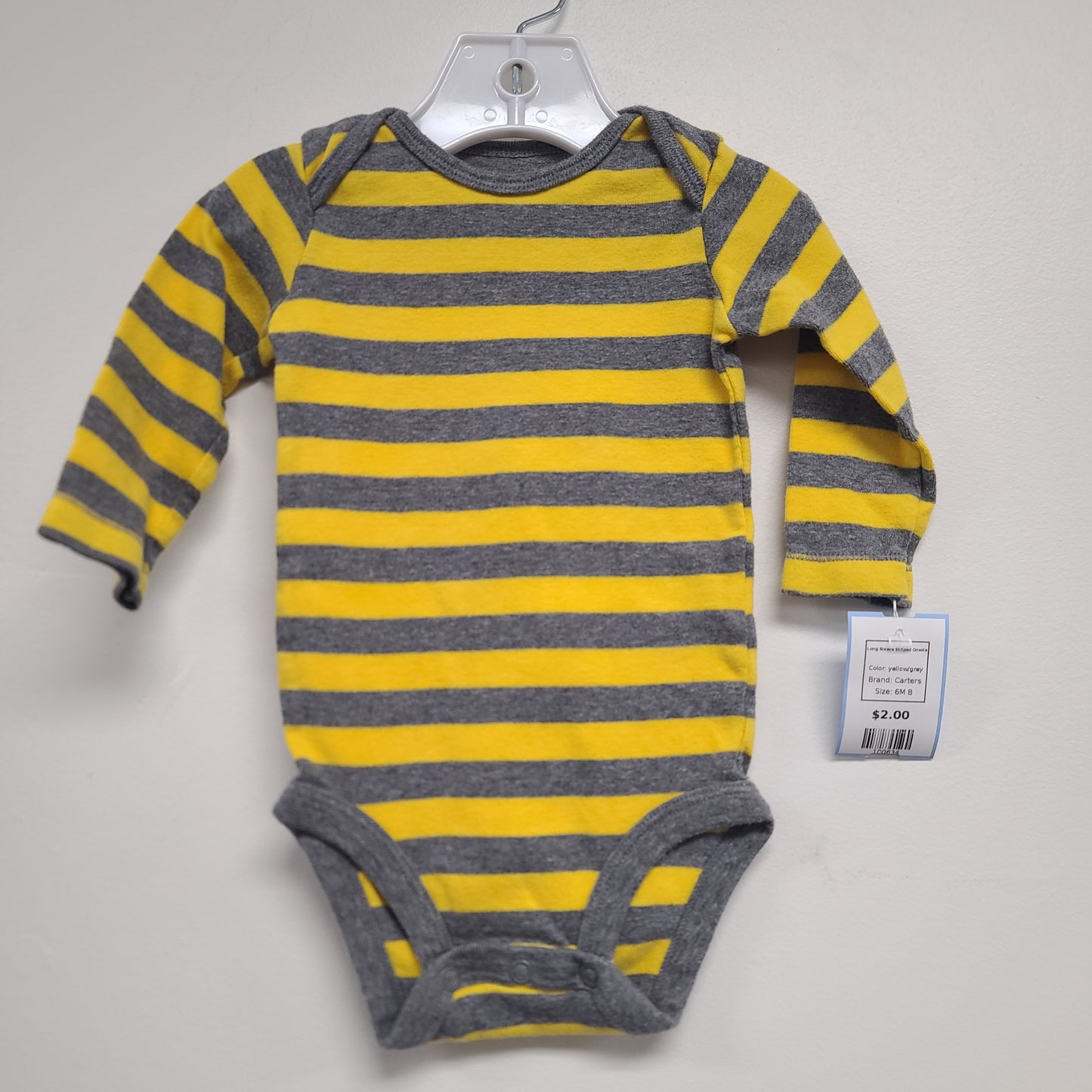 yellow/grey Carters Long Sleeve Striped Onesie, 6M B