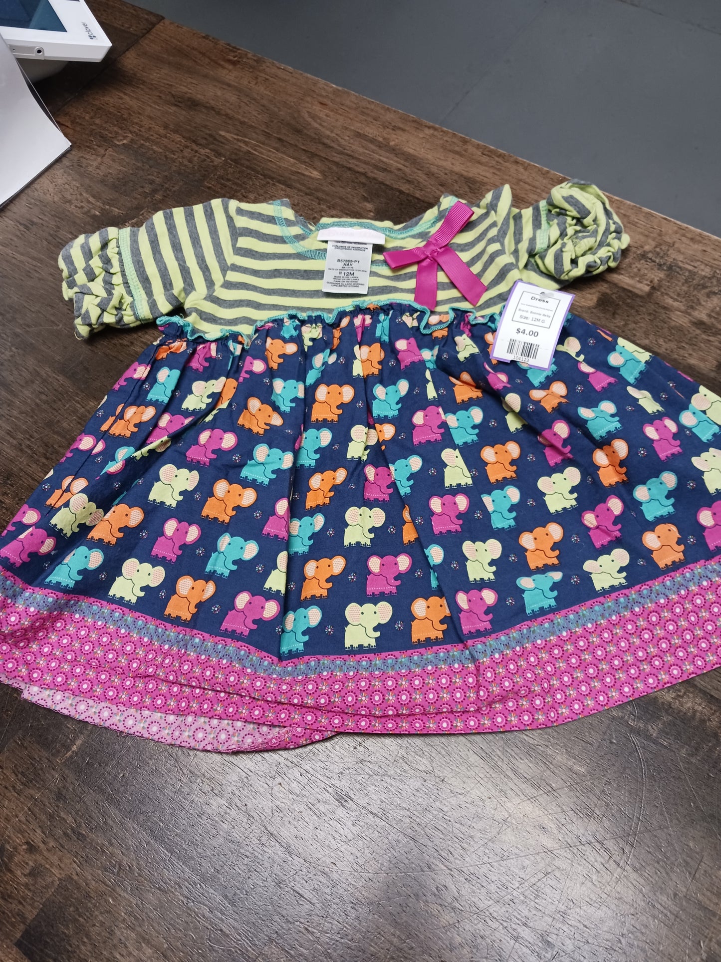 Green/Grey/Navy/Purple Elephant Bonnie Baby Dress, 12M G