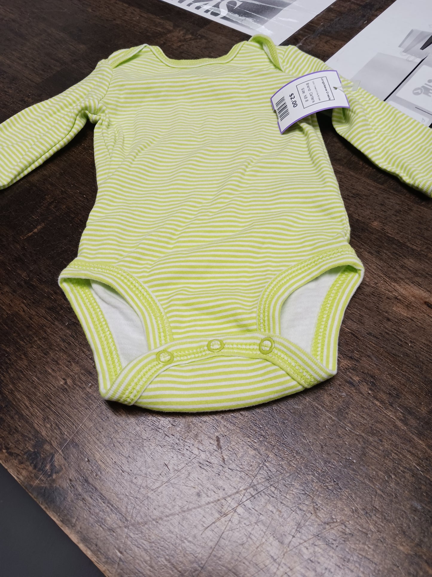 Green/White Striped Carters Longsleeve Onesie, NB B
