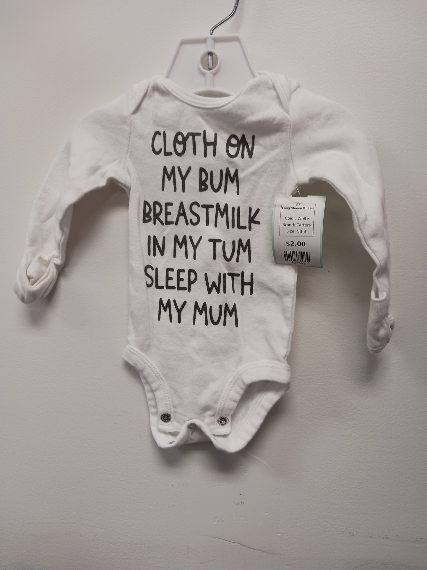 White Carters Long Sleeve Onesie, NB B