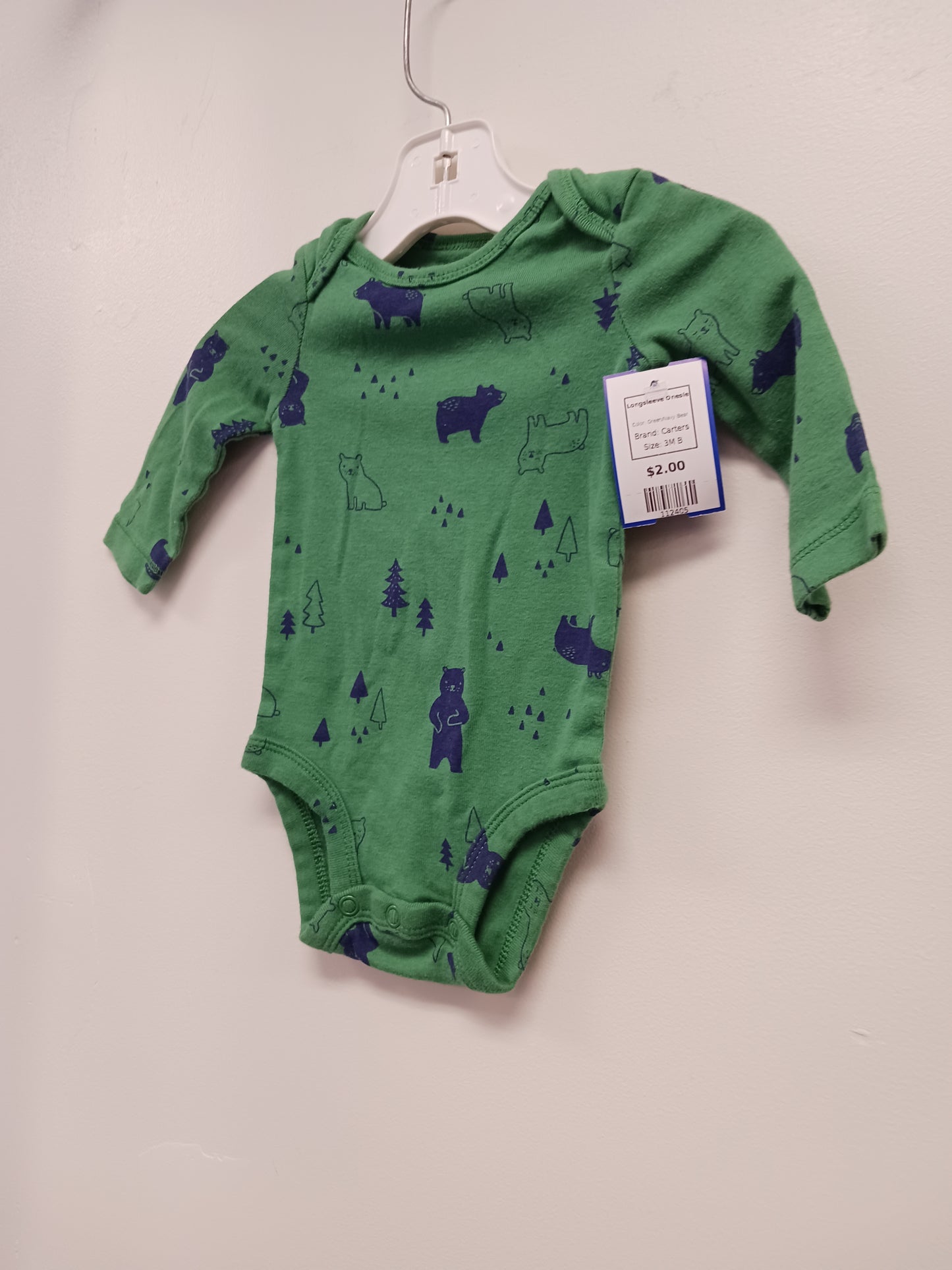 Green/Navy Bear Carters Longsleeve Onesie, 3M B