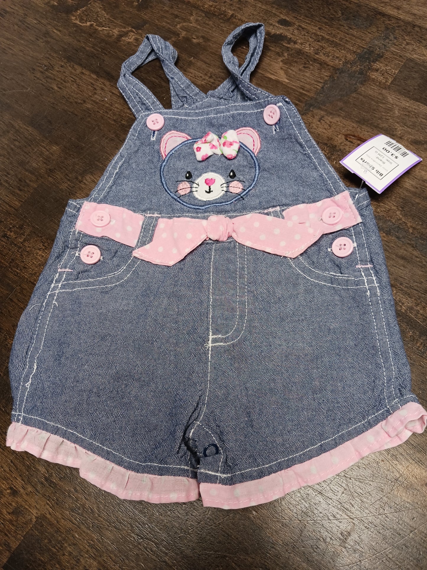 Denim/Pink Kitty Bib Shorts, 12M G