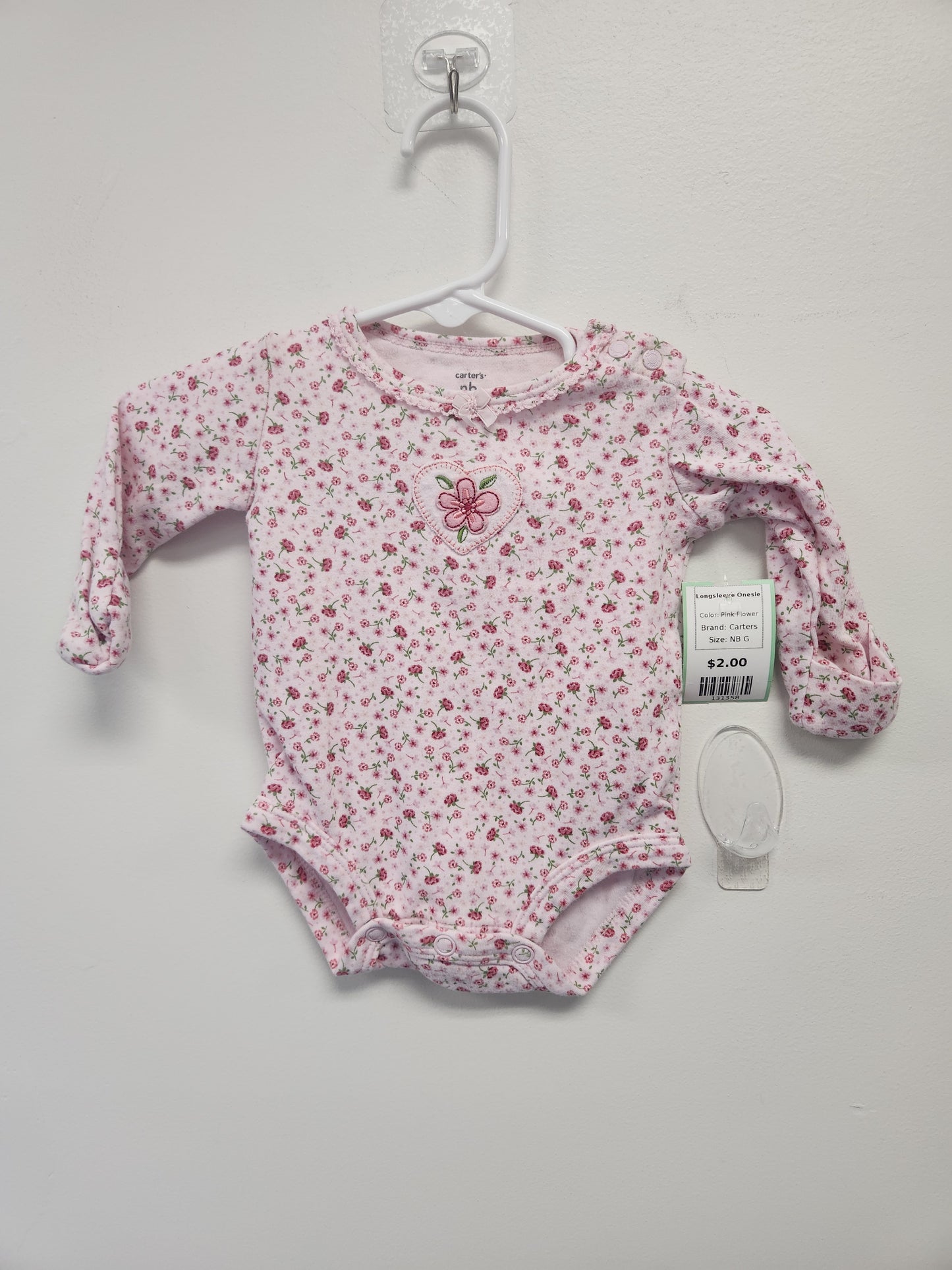 Pink Flower Carters Longsleeve Onesie, NB G