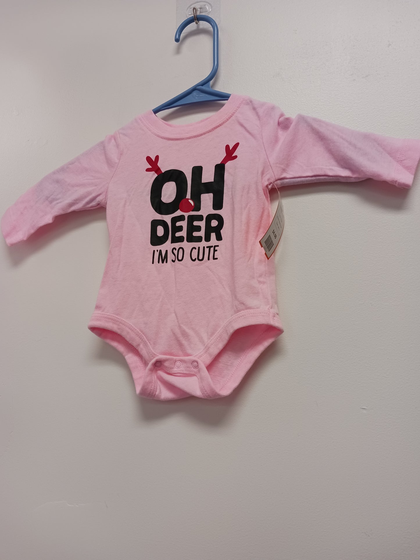 Pink North Pole Long Sleeve Oh Deer Onesie, 3M G