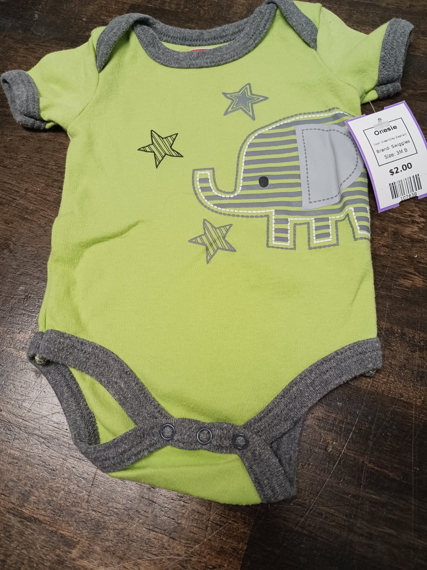 Green/Grey Elephant Swiggles Onesie, 3M B