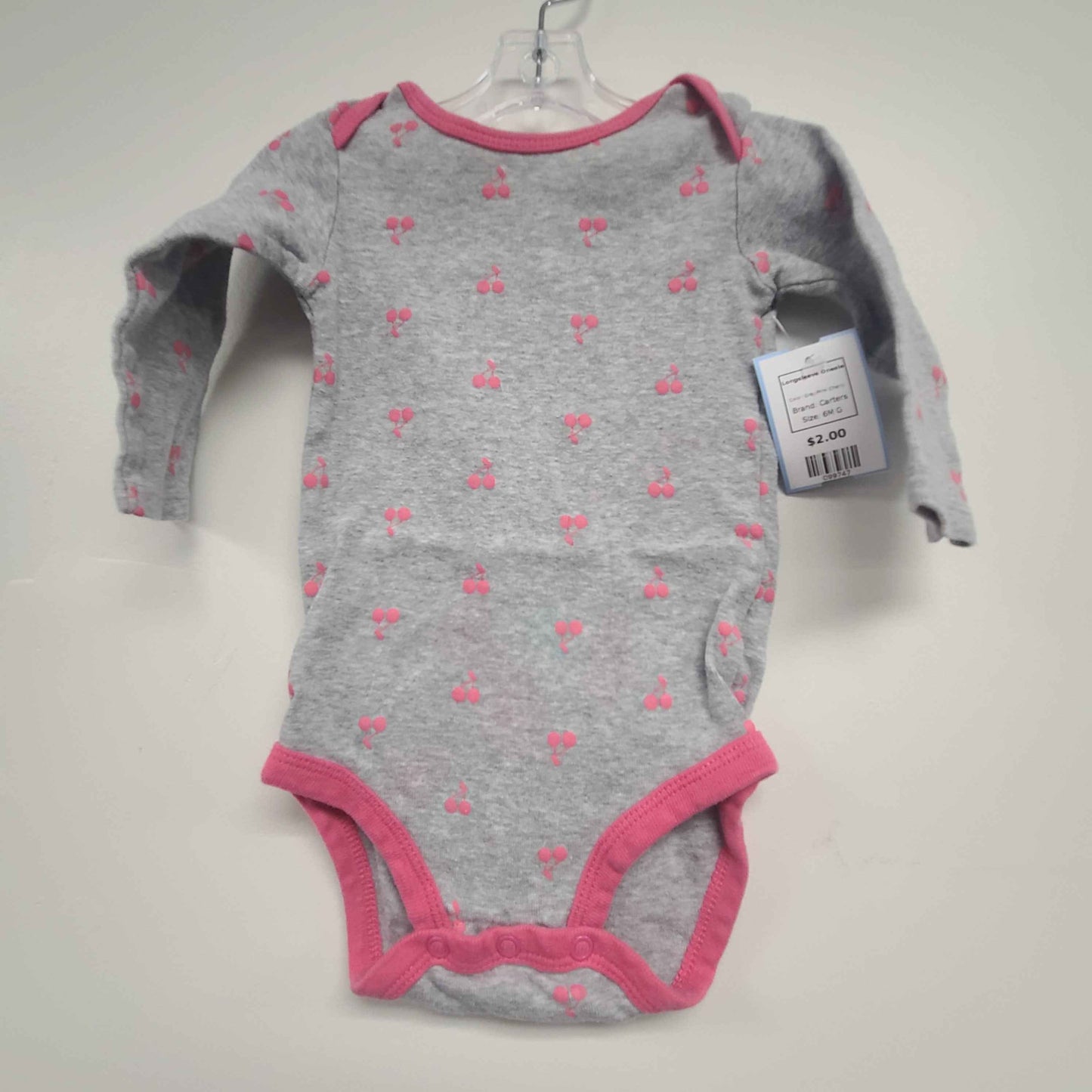 Grey/Pink Cherry Carters Longsleeve Onesie, 6M G