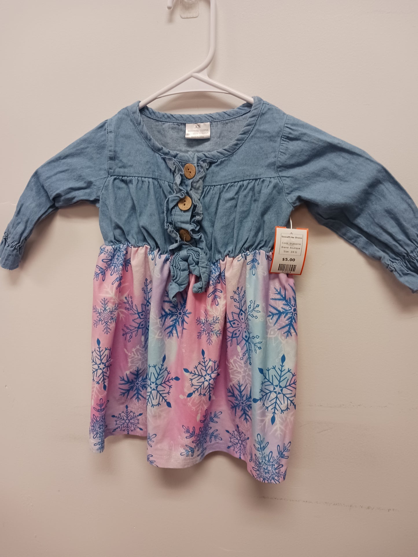 blue/pink Boutique Snowflake Dress, 3/4 G