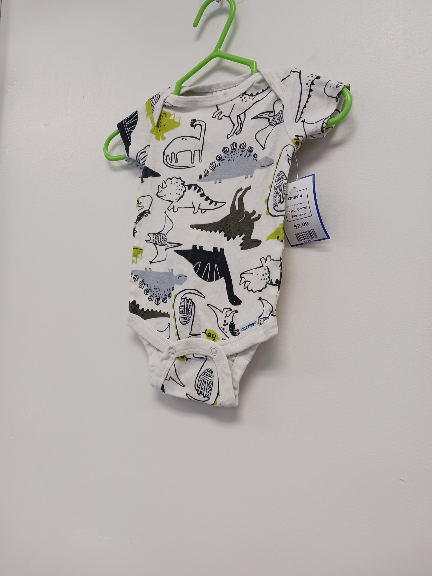 White/Grey/Green Dino Gerber Onesie, NB B