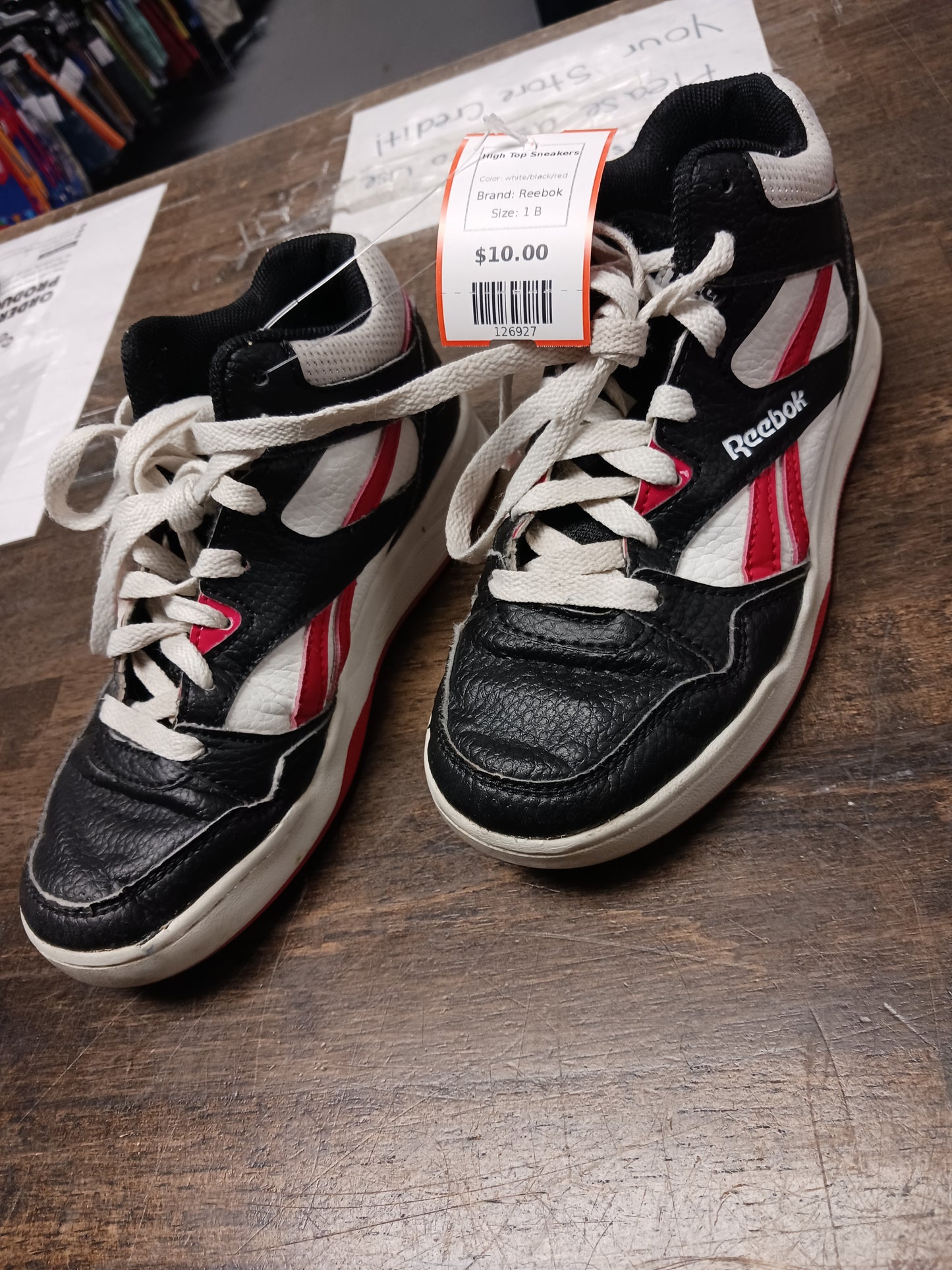 white/black/red Reebok High Top Sneakers, 1 B