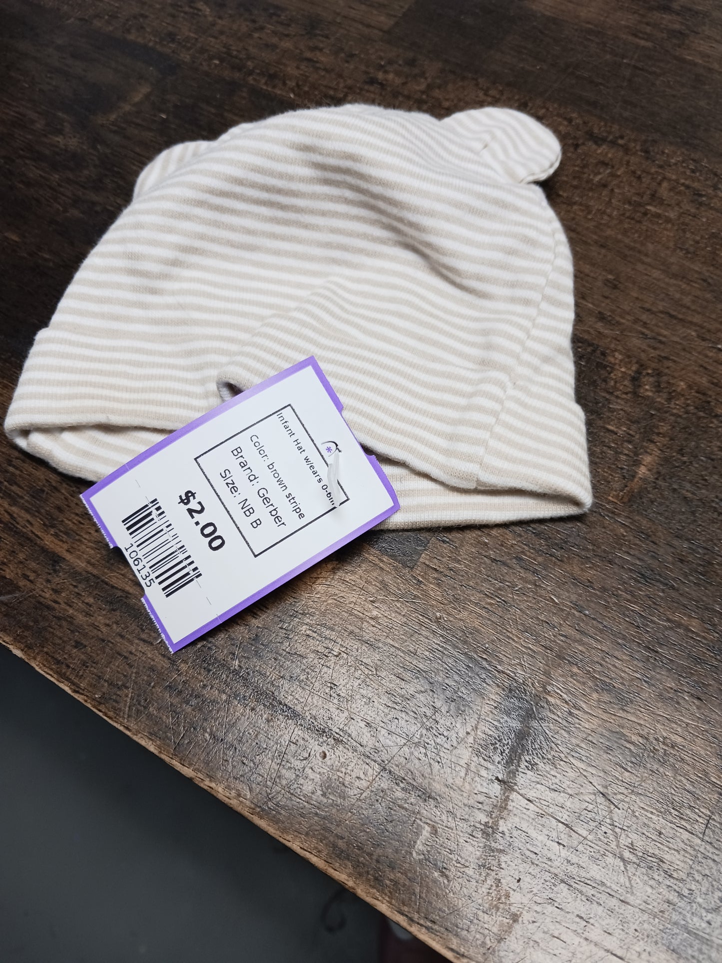 brown stripe Gerber Infant Hat w/ears 0-6m, NB B