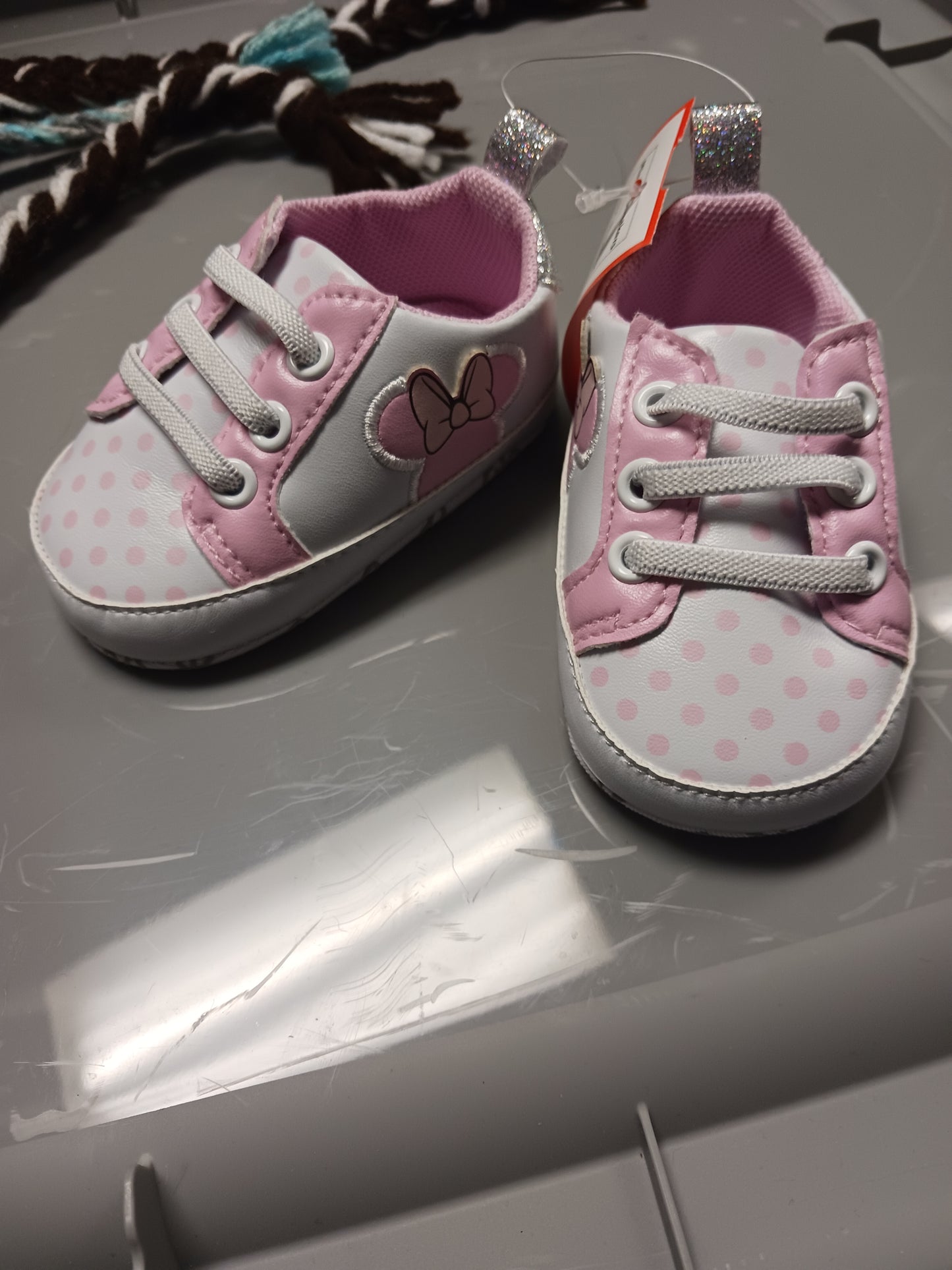 White/Pink Disney Baby Minnie Sneakers, crib shoes