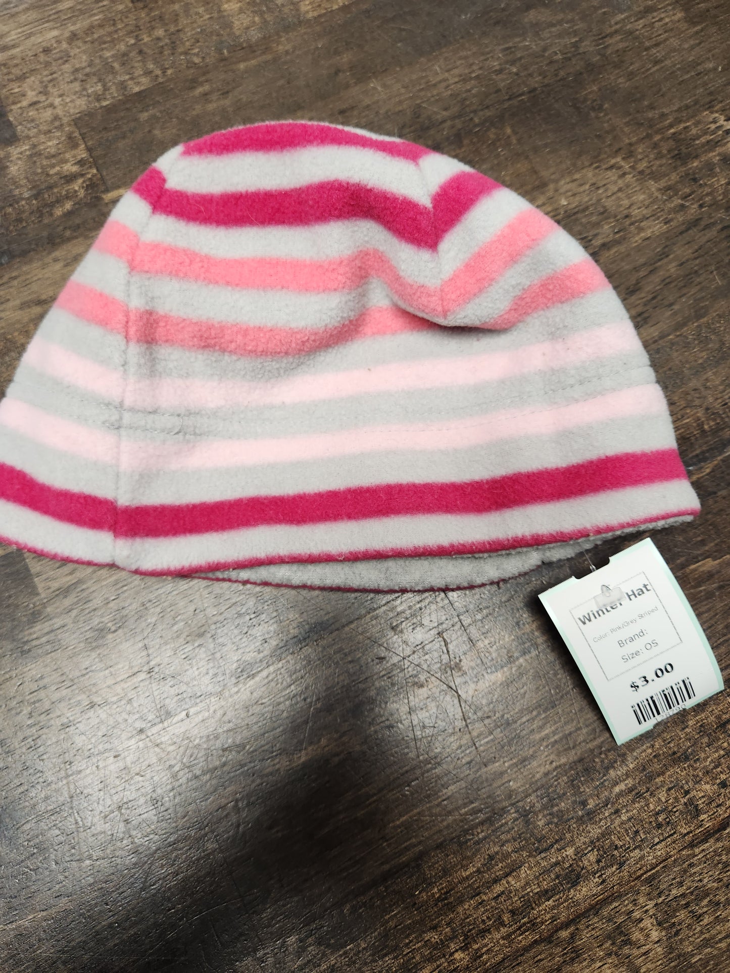 Pink/Grey Striped Winter Hat, OS