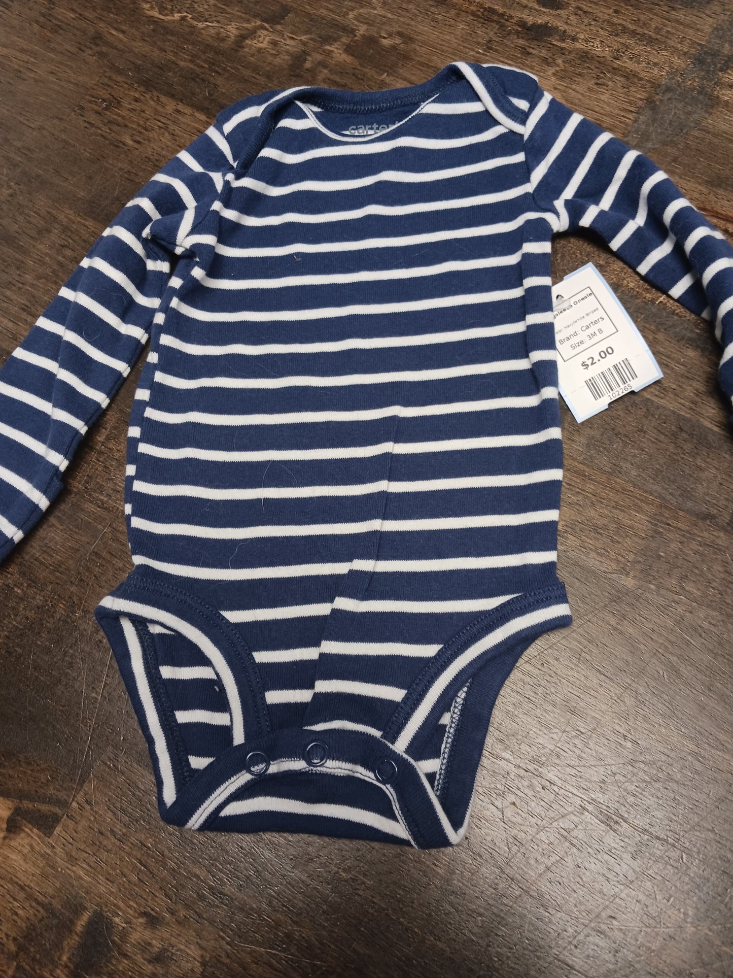 Navy/White Striped Carters Longsleeve Onesie, 3M B