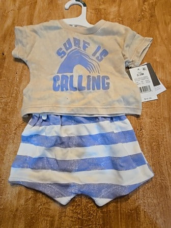 Tan/blue/white Grayson Mini 2 piece surf is calling outfit, NB B