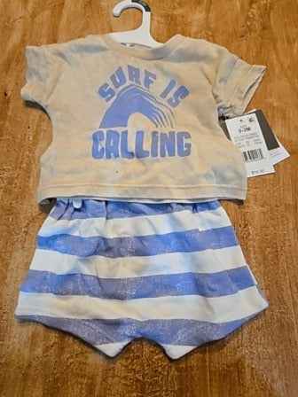 Tan/blue/white Grayson Mini 2 piece surf is calling outfit, NB B
