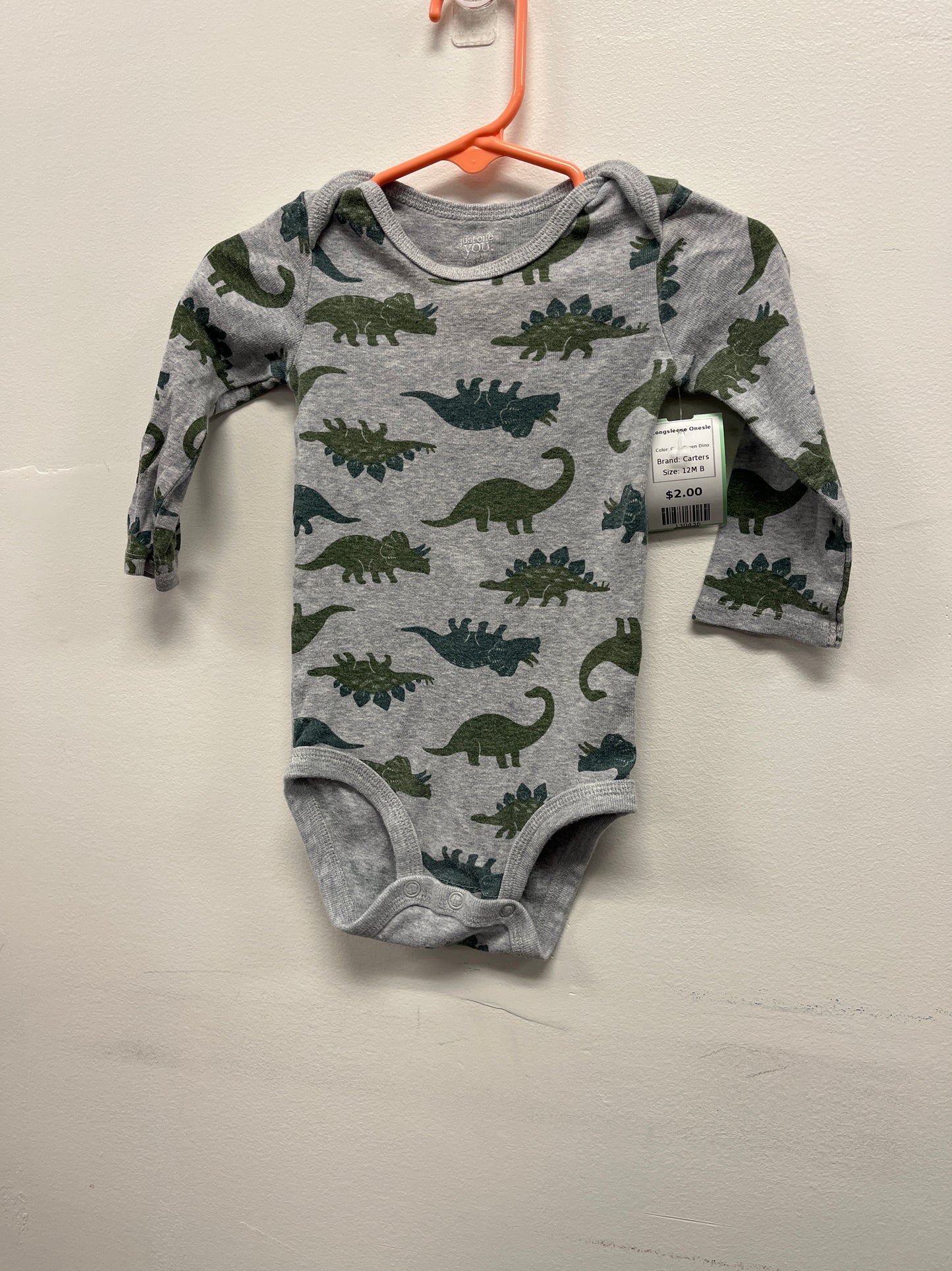 Grey/Green Dino Carters Longsleeve Onesie, 12M B