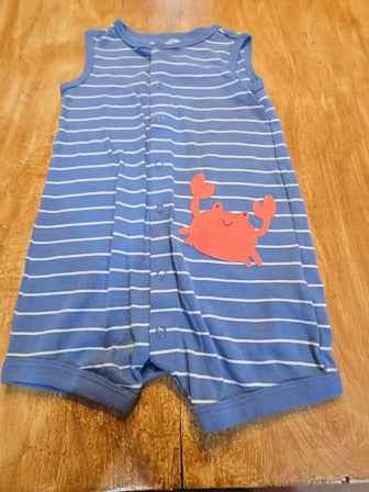 Blue/white stripe Carters Crab one piece, 18M B