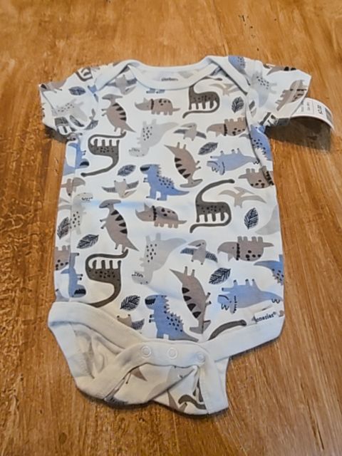 White/Brown/Blue/Grey Dino Gerber Onesie, 6M B