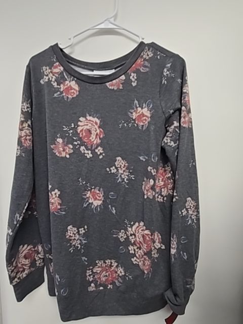 Grey/Pink Flowers Motherhood Maternity Longsleeve Shirt, Small
