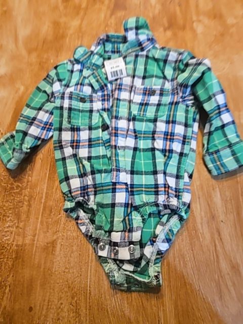Green/White Plaid OshKosh Longsleeve Button Up Onesie, 18M B