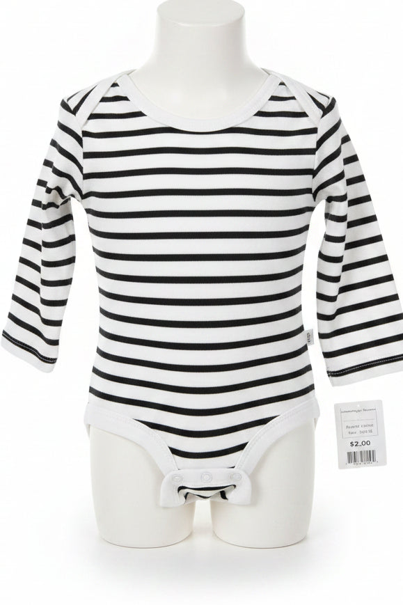 Black/White Striped Hanes Longsleeve Onesie, 12M B