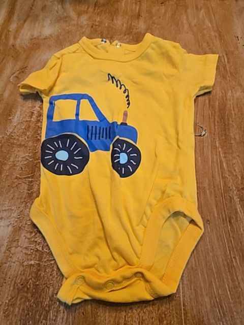 Yellow Buttons and thread Tractor onesie, 6M B
