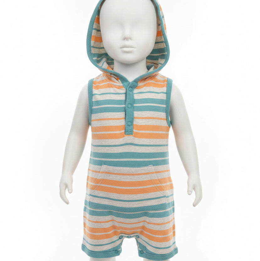 Grey/Orange/Blue Striped Carters Short One Piece, 12M B