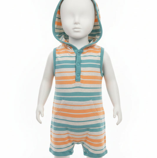 Grey/Orange/Blue Striped Carters Short One Piece, 12M B