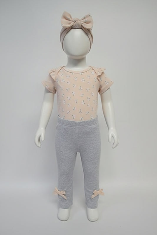 Pink/White Flower Little Beginnings Outfit W/Bow, 3M G