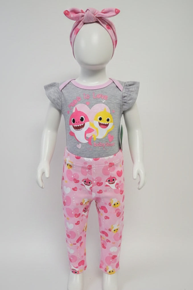 Grey/Pink Baby Shark Pink Fong Outfit W/Bow, 3M G