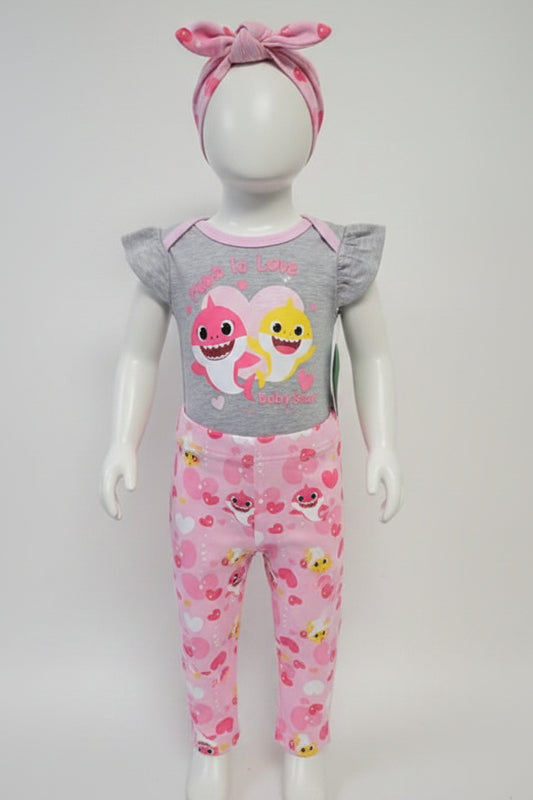 Grey/Pink Baby Shark Pink Fong Outfit W/Bow, 3M G