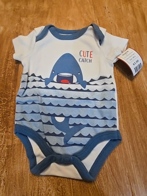 White/Blue Shark Bloomin Baby Onesie, 6M B