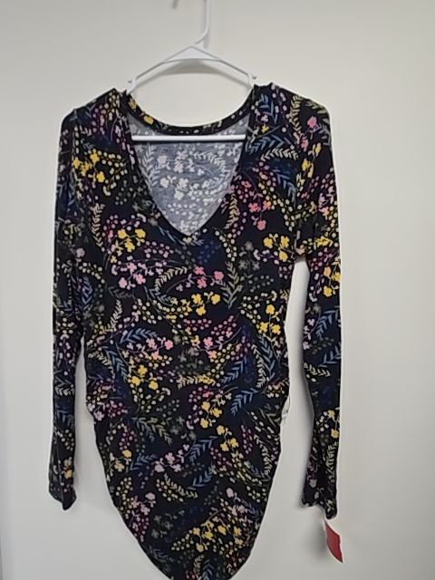 Navy/Colorful Flowers Motherhood Maternity Longsleeve Shirt, Small