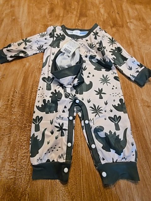 Tan/Green Dino Boutique Pant One Piece W/Hat, NB B