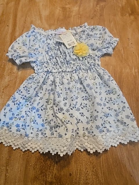 White/Blue Flower Little Lass Dress, 3T G
