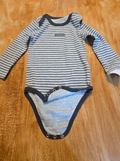 Grey Striped Calvin Klein Longsleeve Onesie, 12M B