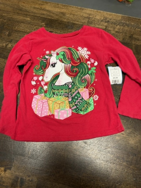red Childrens Place Long Sleeve Christmas Unicorn Shirt, 4T G