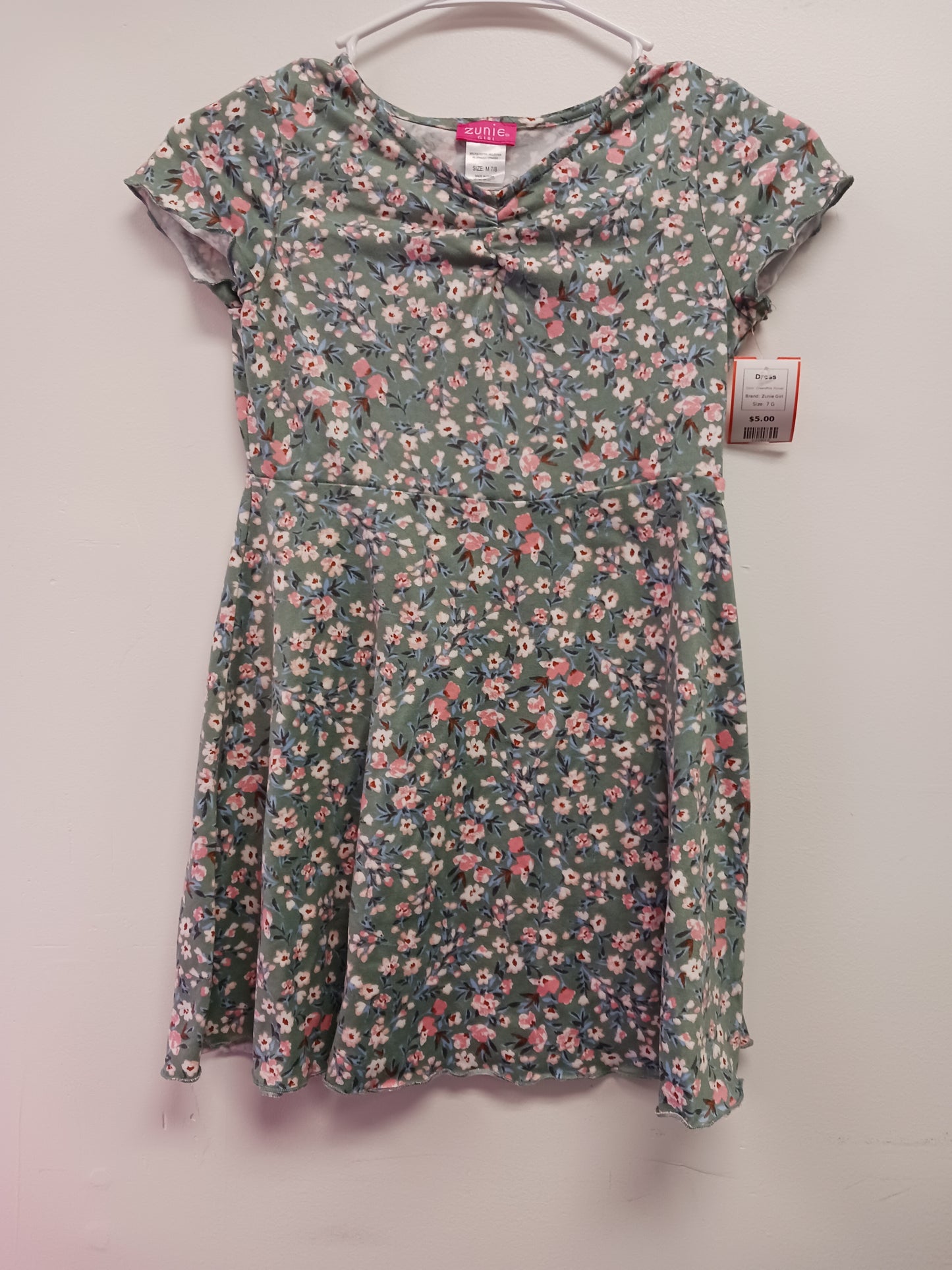 Green/Pink Flower Zunie Girl Dress, 7 G