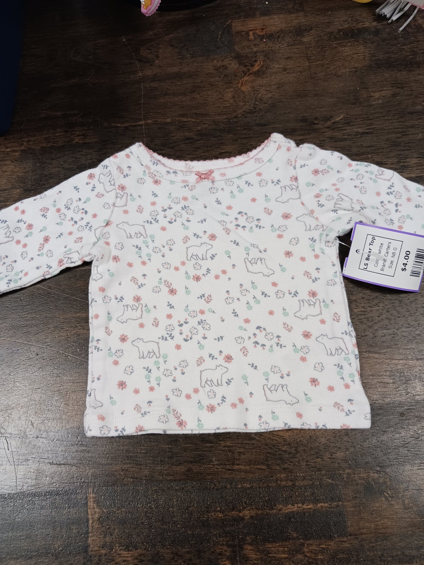 white Carters LS Bear Top, NB G
